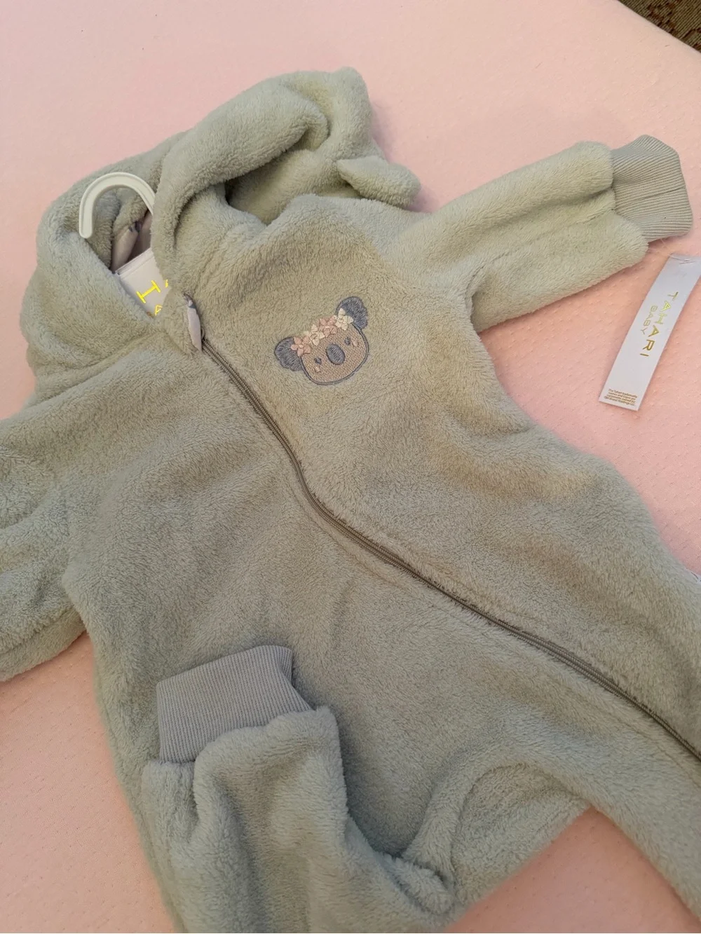Tahari Sage Green Plush Hooded Baby One-Piece Bodysuit with Koala Embroidery